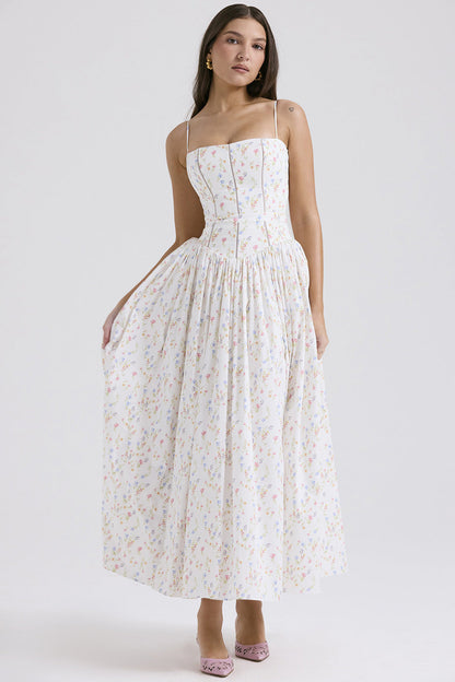 Women's fitted maxi dress with corset top and fine spaghetti straps