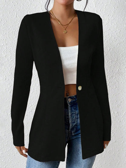 Ladies Tailored Long Blazer with V-Neck and One-Button Closure Shop Velvia