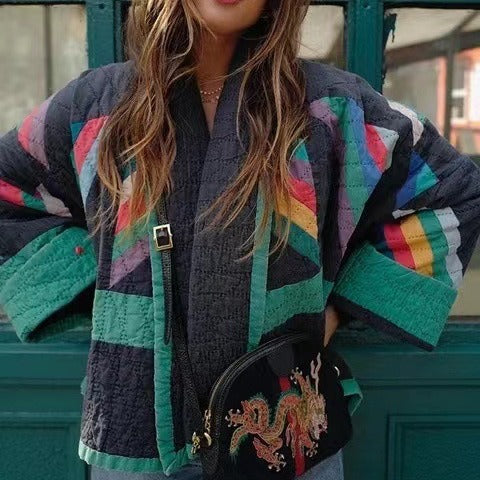 Women's padded kimono quilted jacket with patchwork design and wide sleeves Shop Velvia