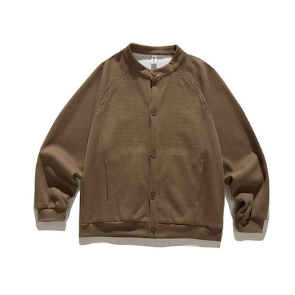 Men's waffle texture bomber-style cardigan with raglan sleeves and button placket Shop Velvia