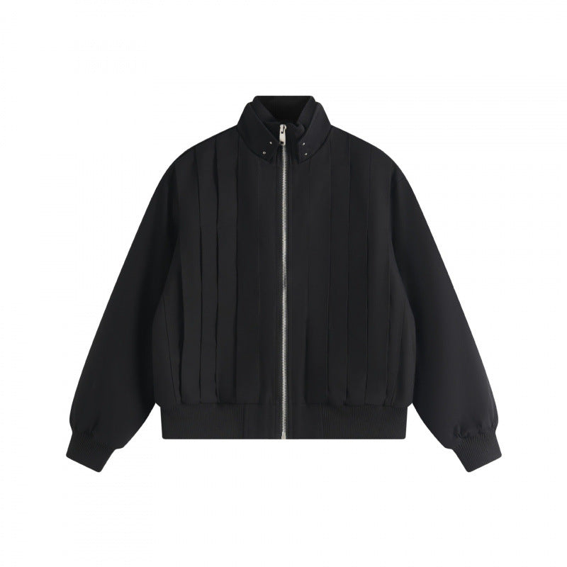 Unisex Boxy Blouson jacket with vertical tucked pleats, standing collar, and zipper Shop Velvia