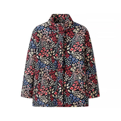 Women's Oversize Print Jacket with Stand-Up Collar and Hidden Button Placket Shop Velvia