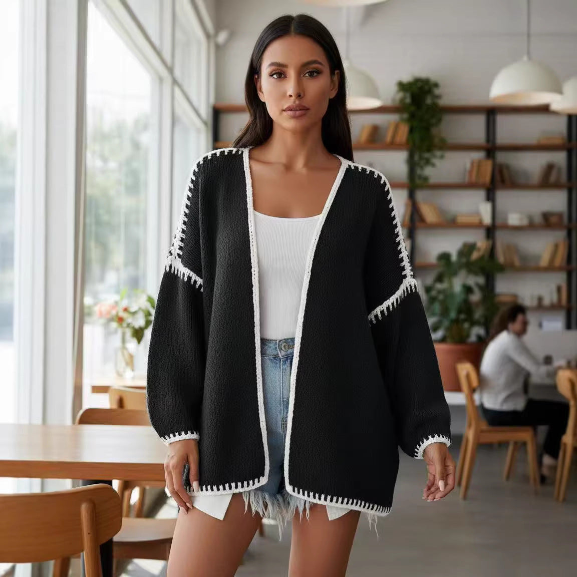 Women's Oversized Cardigan with Contrasting Crochet Edges Shop Velvia
