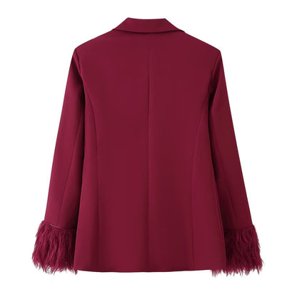 Women Elegant Two-Piece Blazer and Wide Leg Trousers Ensemble with Feather Trim on Sleeves Shop Velvia