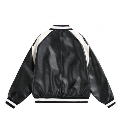 Unisex Boxy Oversized Faux Leather Bomber Jacket with Contrast Panels and Ribbed Cuffs Shop Velvia