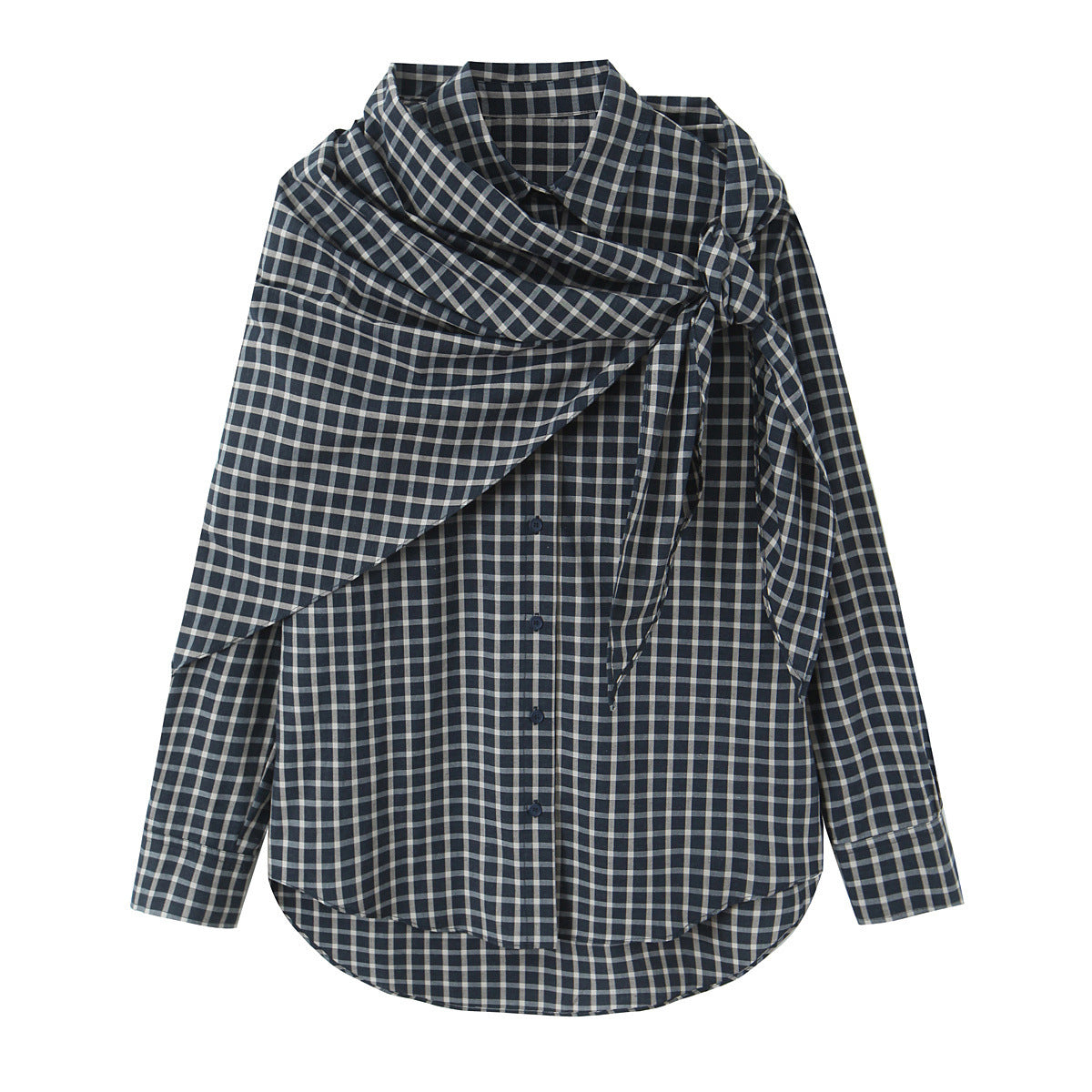 Women Checked Blouse Shirt with Asymmetrical Scarf Detail Shop Velvia