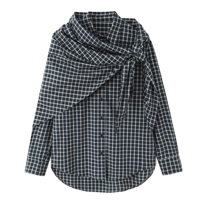 Women Checked Blouse Shirt with Asymmetrical Scarf Detail Shop Velvia