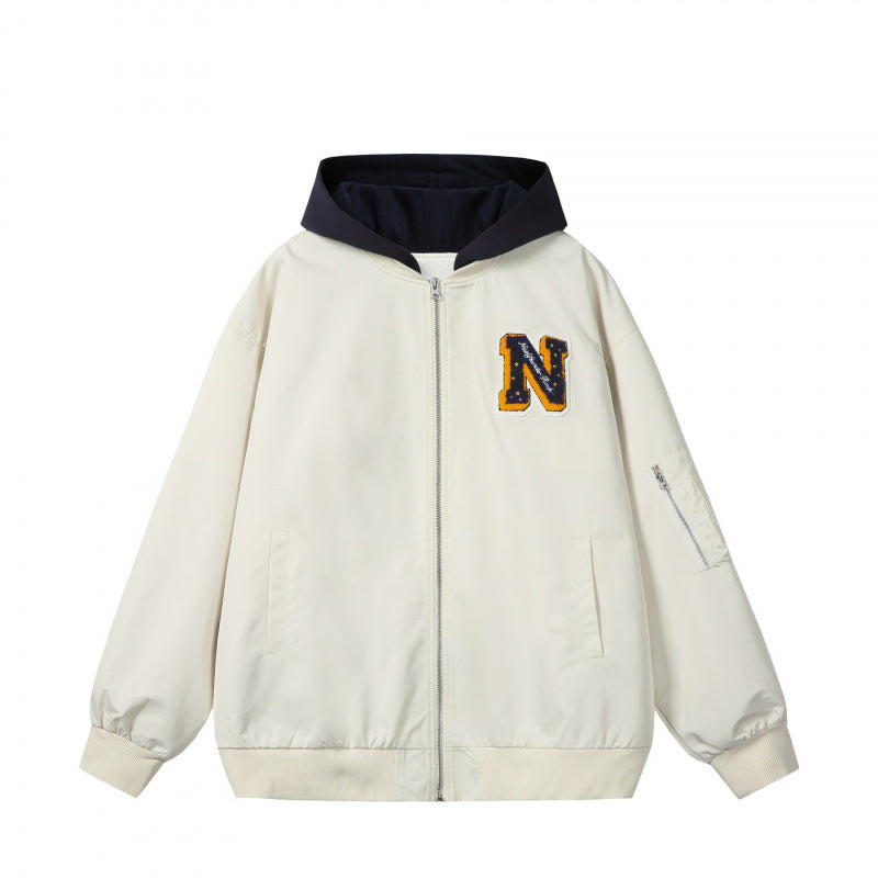 Men's college bomber jacket in oversized style with hood insert and logo patch Shop Velvia
