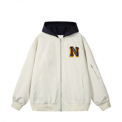 Men's college bomber jacket in oversized style with hood insert and logo patch Shop Velvia