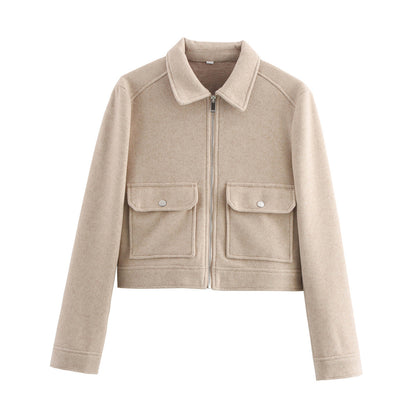 Ladies short jacket in boxy wool blend with zipper and patch flap pockets Shop Velvia