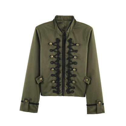 Women's Short Military Style Jacket with Ornamental Cord and Button Decoration Shop Velvia
