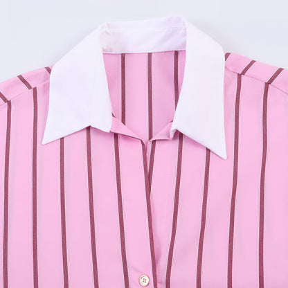 Women’s Oversize Shirt Blouse in Silk Look with Contrast Collar and Vertical Stripe Structure Shop Velvia