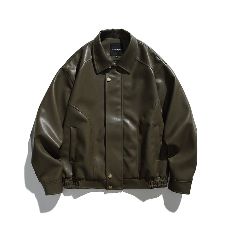 Men's Boxy Faux Leather Bomber Jacket with Concealed Snap Placket, Elastic Hem, and Patch Pockets Shop Velvia