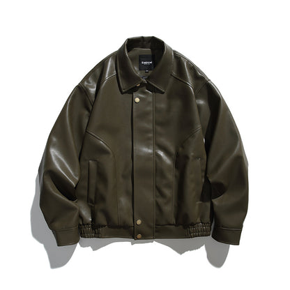 Men's Boxy Faux Leather Bomber Jacket with Concealed Snap Placket, Elastic Hem, and Patch Pockets Shop Velvia