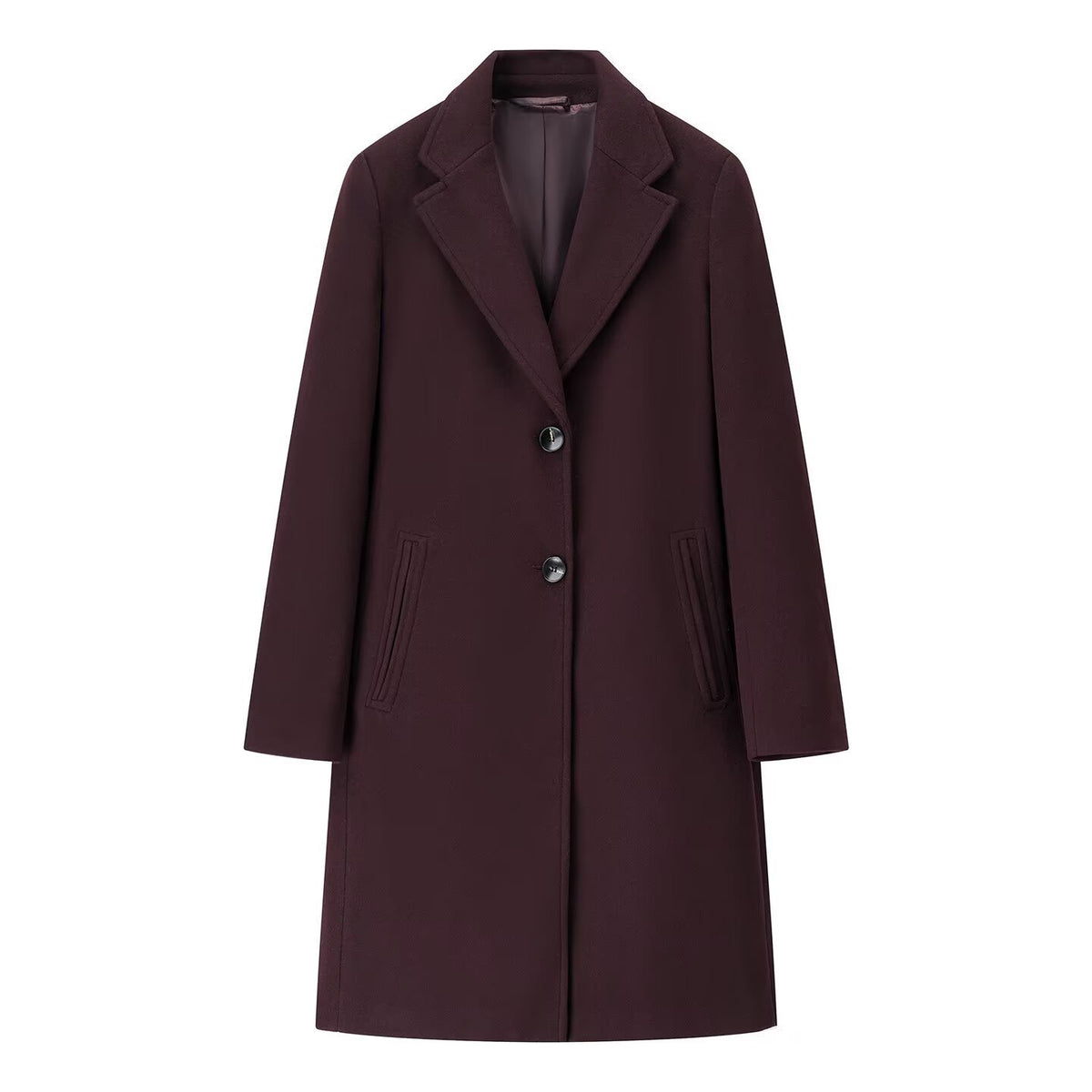 Ladies Elegant Wool Blend Coat in Straight Silhouette with Notched Collar and Piped Insert Pockets Shop Velvia