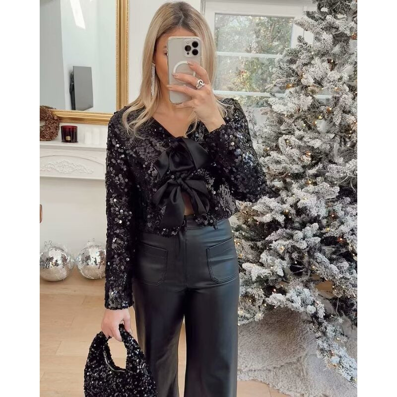 Ladies Short Cut Sequin Jacket with Double Tied Satin Bows Shop Velvia