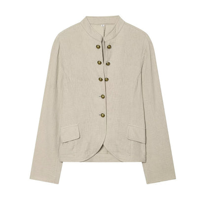 Women Boxy Linen Blazer with Stand Collar, Decorative Button Placket and Patch Pockets Shop Velvia