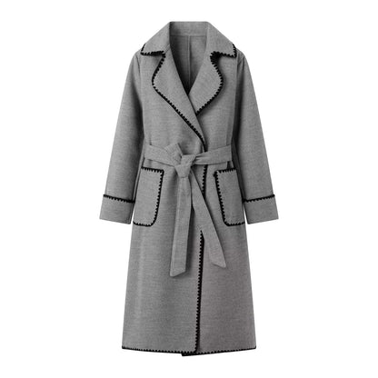 Women Tailored Wrap Coat made of Wool Blend with Decorative Wave Trim and Tied Belt Shop Velvia