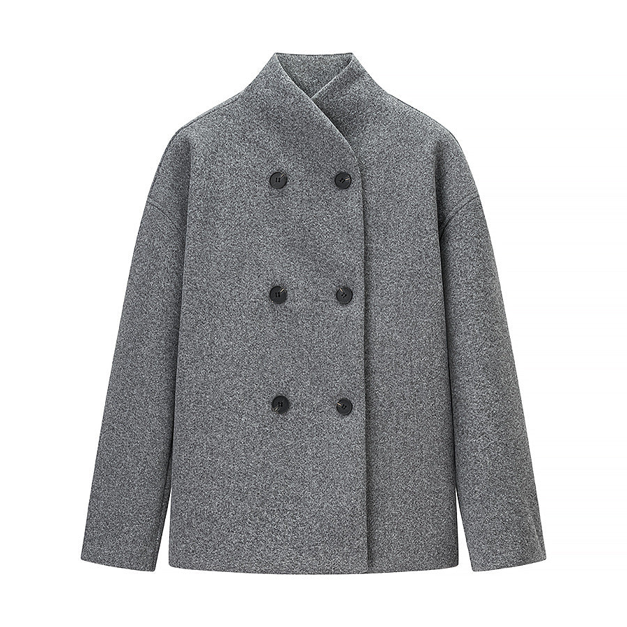 Women Short Double-Breasted Wool Blend Coat with Stand-Up Collar Shop Velvia