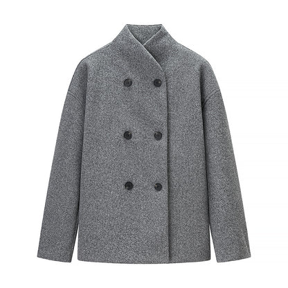Women Short Double-Breasted Wool Blend Coat with Stand-Up Collar Shop Velvia