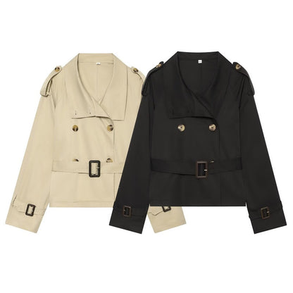 Women Short Boxy Trench with Double Breasted, Waist Belt and Shoulder Tabs Shop Velvia