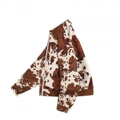 Unisex Boxy Bomber Jacket with Cow Pattern, Zipper and Ribbed Cuff Shop Velvia