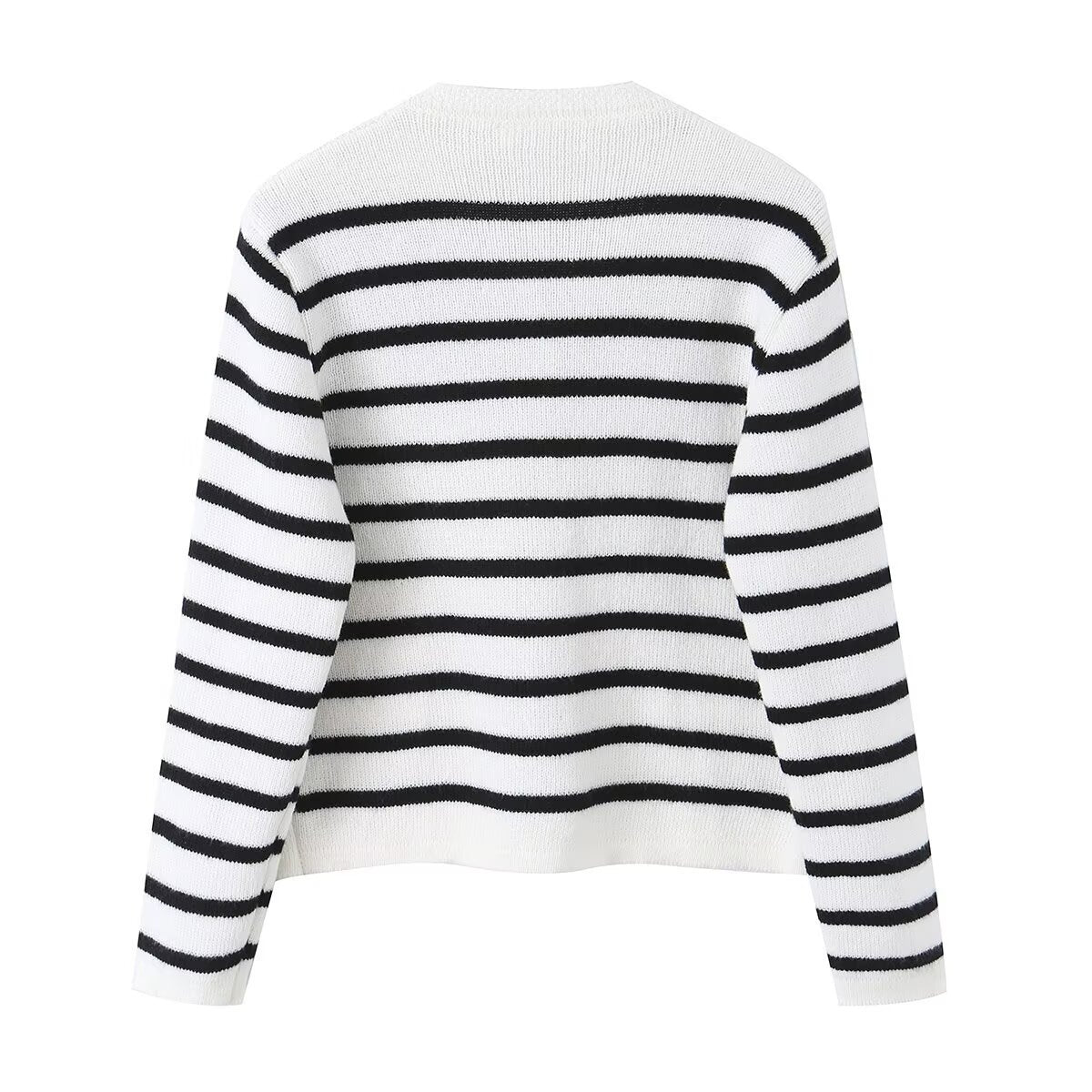 Women Striped Cardigan with Round Neck, Decorative Button Placket and Patch Pockets Shop Velvia