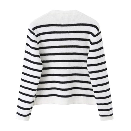 Women Striped Cardigan with Round Neck, Decorative Button Placket and Patch Pockets Shop Velvia