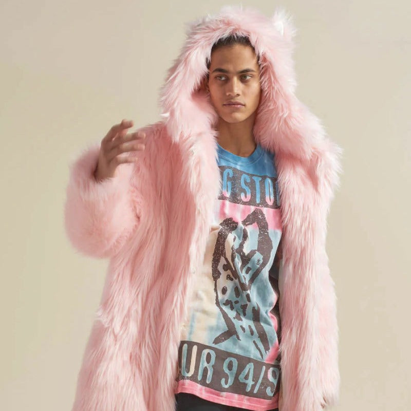 Women's Longer Hooded Faux Fur Coat with Animal Ears and Fluffy High Pile Shop Velvia