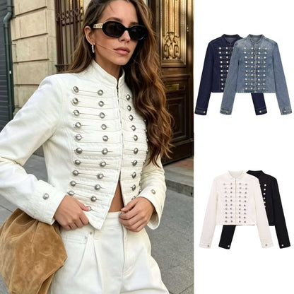 Women’s denim jacket in military style with row buttons and stand-up collar Shop Velvia