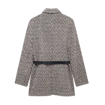 Women's Longline Tweed Blazer with Flap Pockets and Waist Belt Shop Velvia