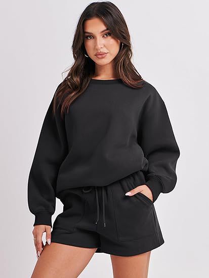 Women's Casual Two-Piece Lounge Sweatset with Oversized Round Neck Sweatshirt and High-Waist Relax Shorts Shop Velvia