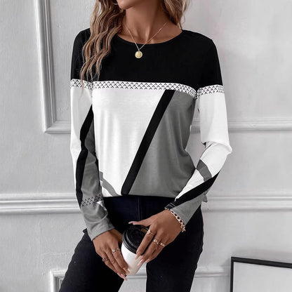 Women's Long Sleeve Shirt with Graphic Colorblock Design and Round Neck Shop Velvia