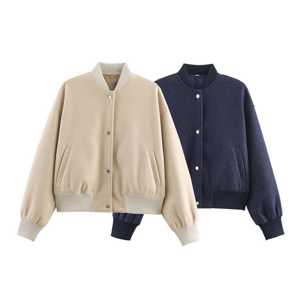 Ladies short boxy bomber jacket with ribbed collar, snap button closure, and pockets Shop Velvia
