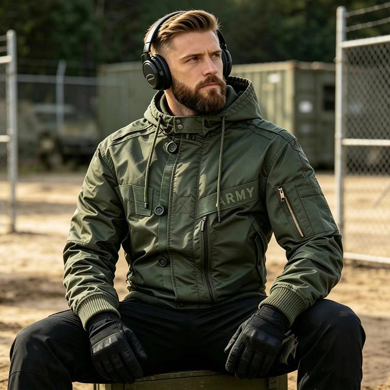 Men's Military-Inspired Hooded Bomber Jacket with Utility Pockets Shop Velvia