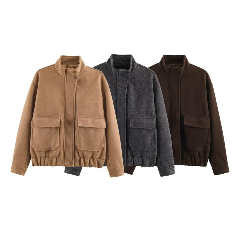 Women's Boxy Wool Blouson with Stand-up Collar, Large Flap Pockets and Elastic Hem Shop Velvia