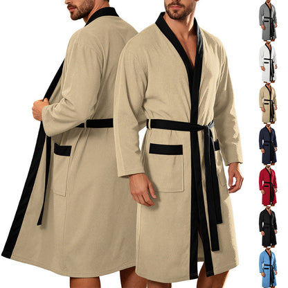 Men's lightweight cotton kimono bathrobe with waffle texture and patch pockets Shop Velvia