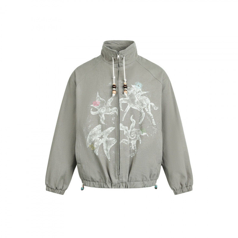 Women's lightweight bomber jacket made of cotton blend with stand-up collar, pearl cord, and mystical print Shop Velvia