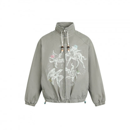 Women's lightweight bomber jacket made of cotton blend with stand-up collar, pearl cord, and mystical print Shop Velvia