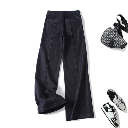 Women's High-Waist Wide Denim Trousers with Continuous Center Seam and Sewn-On Pockets Shop Velvia