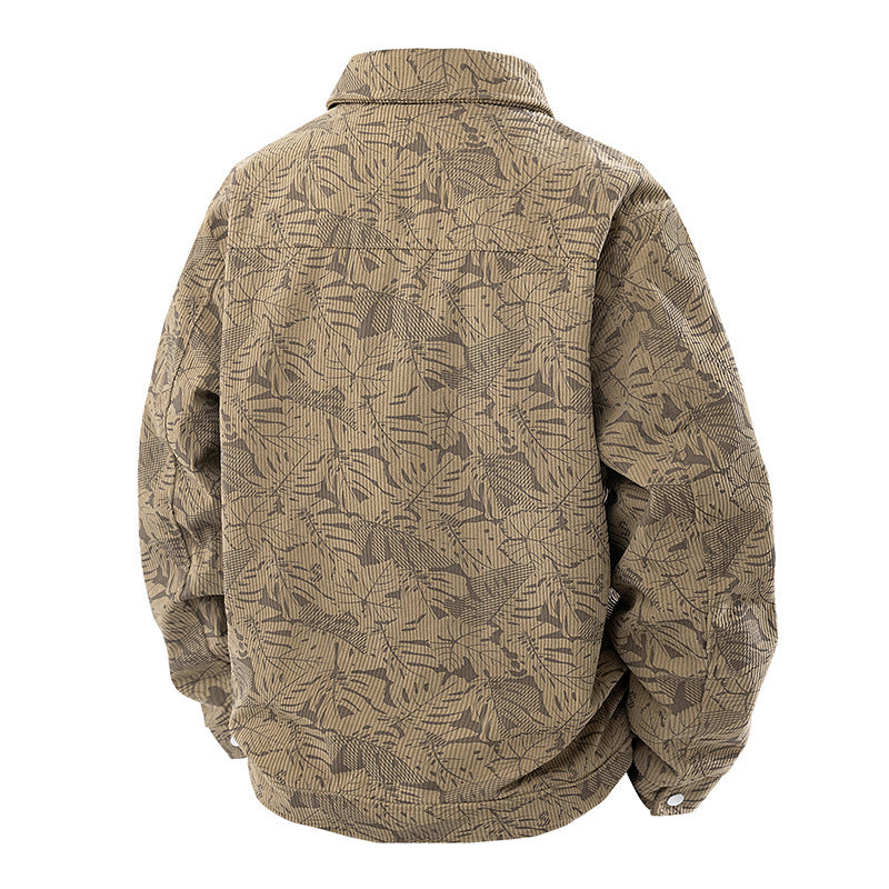 Men's corduroy trucker jacket with jacquard leaf pattern and snap button placket Shop Velvia