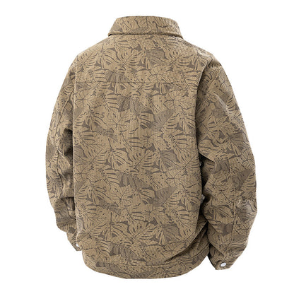 Men's corduroy trucker jacket with jacquard leaf pattern and snap button placket Shop Velvia