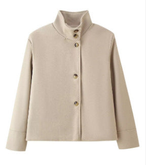 Women's 9800+ short boxy wool blend jacket with high funnel collar, asymmetrical button placket and adjustable cuffs Shop Velvia