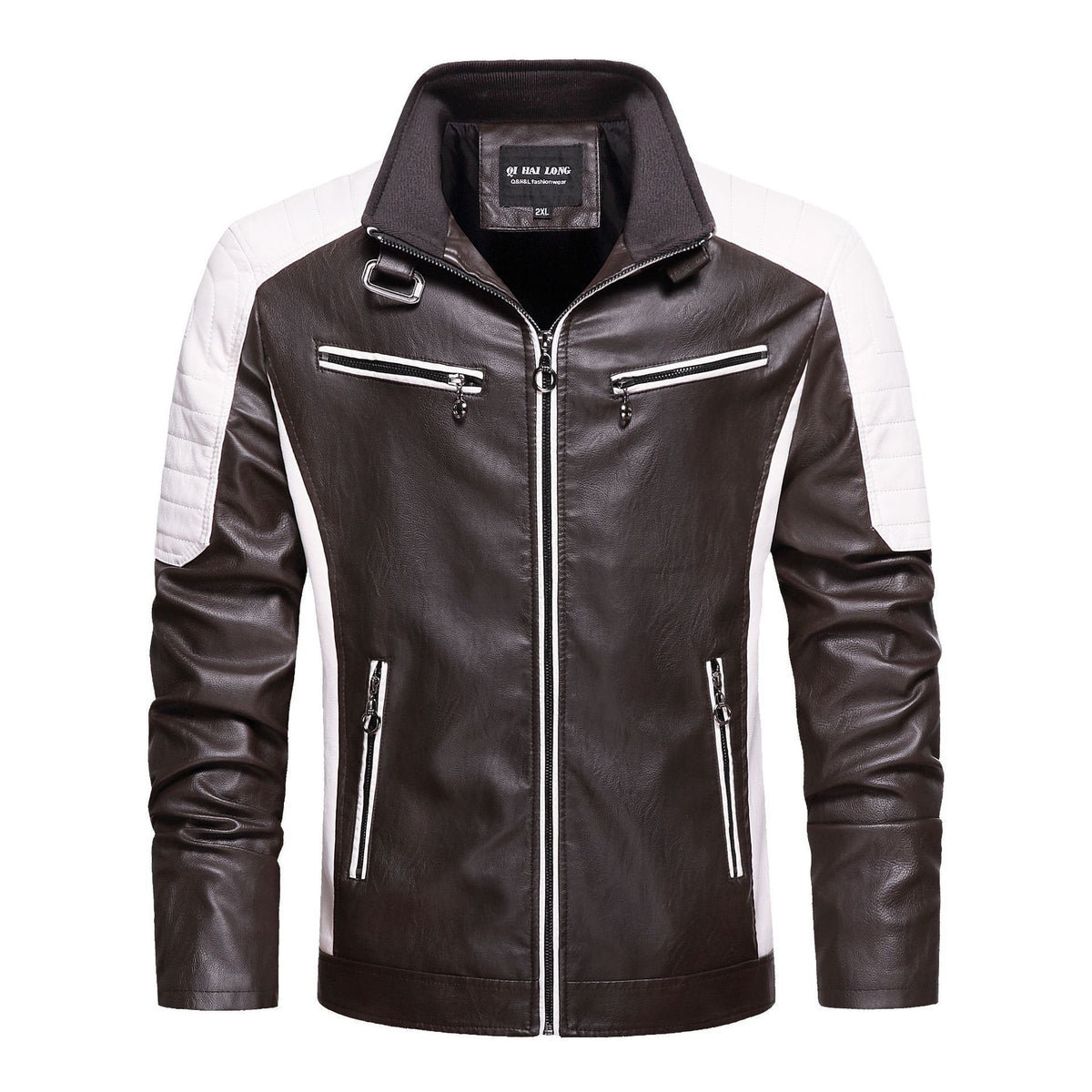 Men's Quilted Biker Jacket made of Faux Leather with Contrast Stripes and Stand-Up Collar Shop Velvia
