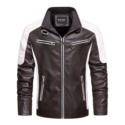Men's Quilted Biker Jacket made of Faux Leather with Contrast Stripes and Stand-Up Collar Shop Velvia