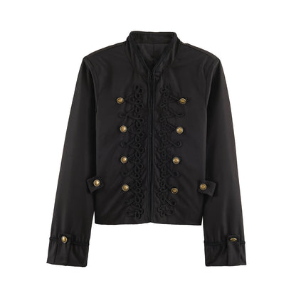 Women's Short Military Style Jacket with Ornamental Cord and Button Decoration Shop Velvia