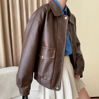 Women's Oversized Faux Leather Bomber Jacket with Shirt Collar, Zipper and Snap Button Cuffs Shop Velvia