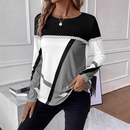 Women's Long Sleeve Shirt with Graphic Colorblock Design and Round Neck Shop Velvia