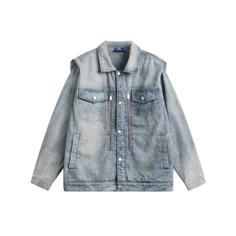 Unisex Boxy Denim Jacket with Double Chest Zipper, Flap Pockets and Straight Hem Shop Velvia