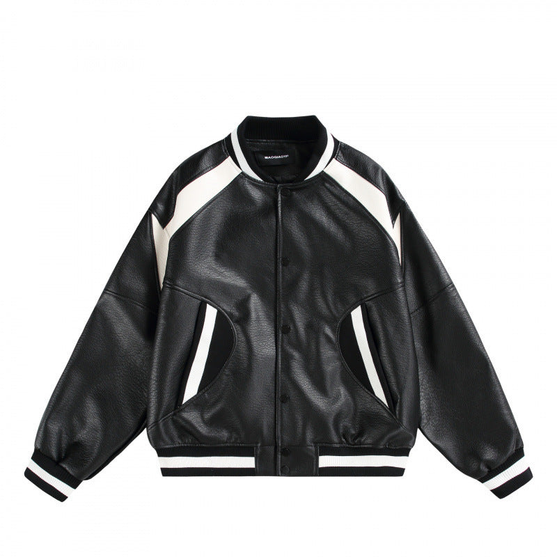 Unisex Boxy Oversized Faux Leather Bomber Jacket with Contrast Panels and Ribbed Cuffs Shop Velvia